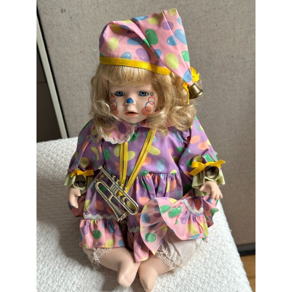 CRH International Porcelain Clown Doll Dressed Polka Dot Trumpet Bells Posable